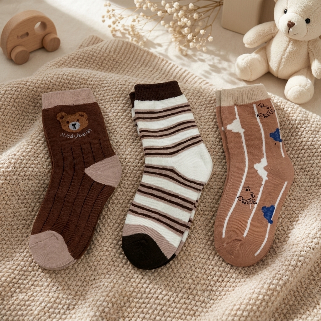 Three pairs of kids socks in a cosy flat-lay display, showing a brown ribbed bear-face pair, brown striped white pair, and brown bear-pattern pair.
