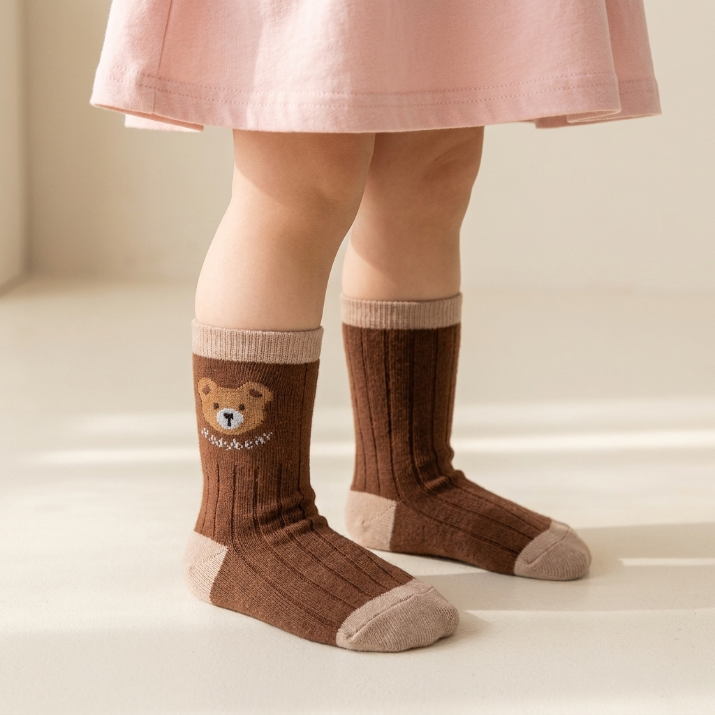 Child wearing the brown ribbed kids socks with a bear face motif, beige cuff, heel and toe details beneath a pink dress.