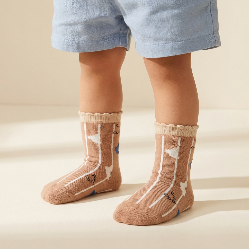 Child wearing the warm brown kids socks with cream vertical stripes, small bear motifs and blue accent details beneath light blue shorts.
