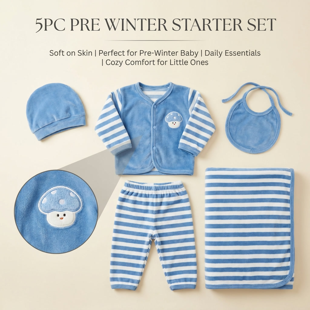 Flat lay of blue newborn 5-piece pre-winter starter set with cap, mushroom-detail front-open top, tie-neck bib, striped trouser and matching striped blanket.