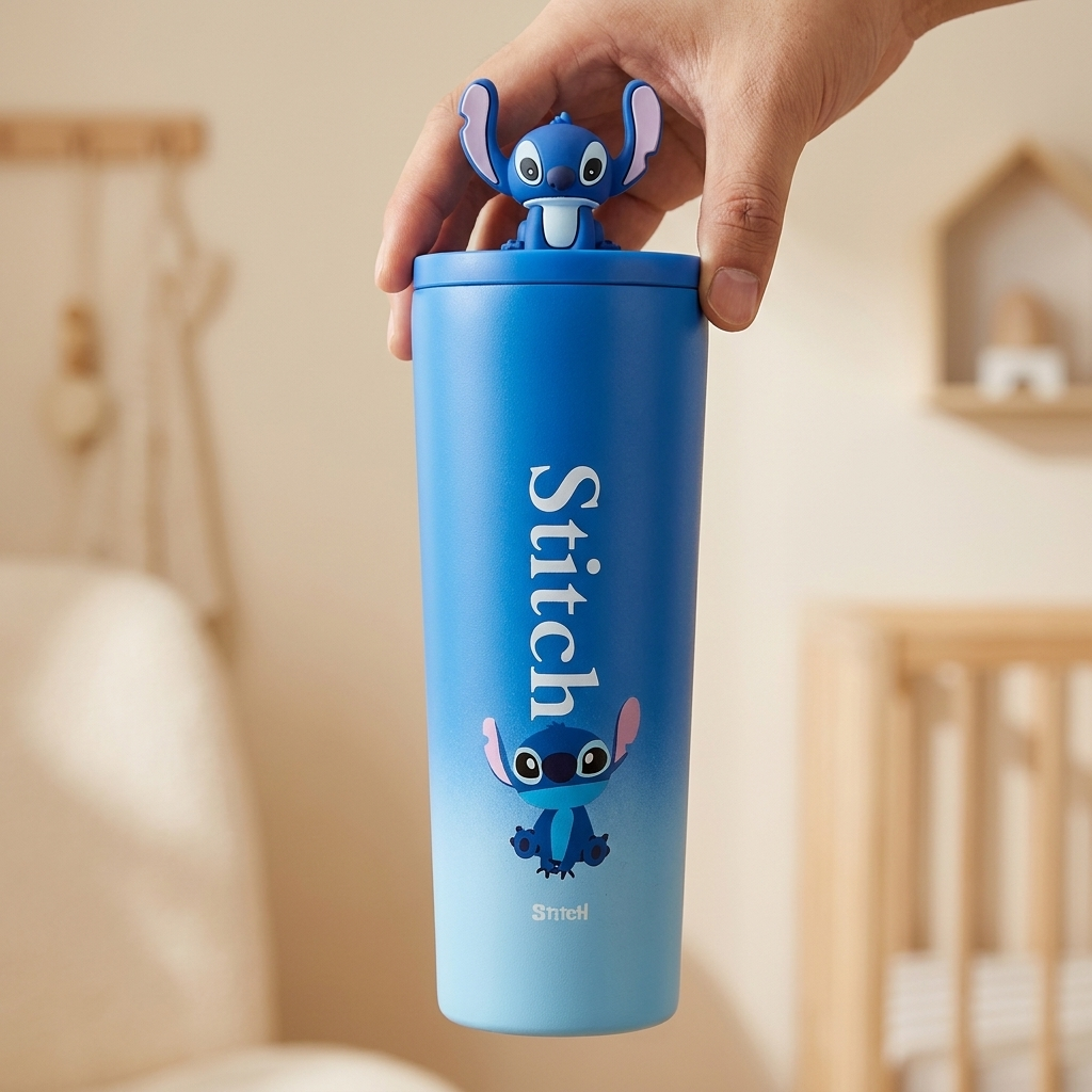 Blue Stitch character tumbler held by the lid in a nursery setting, showing the vertical Stitch lettering, blue character artwork and raised character topper.