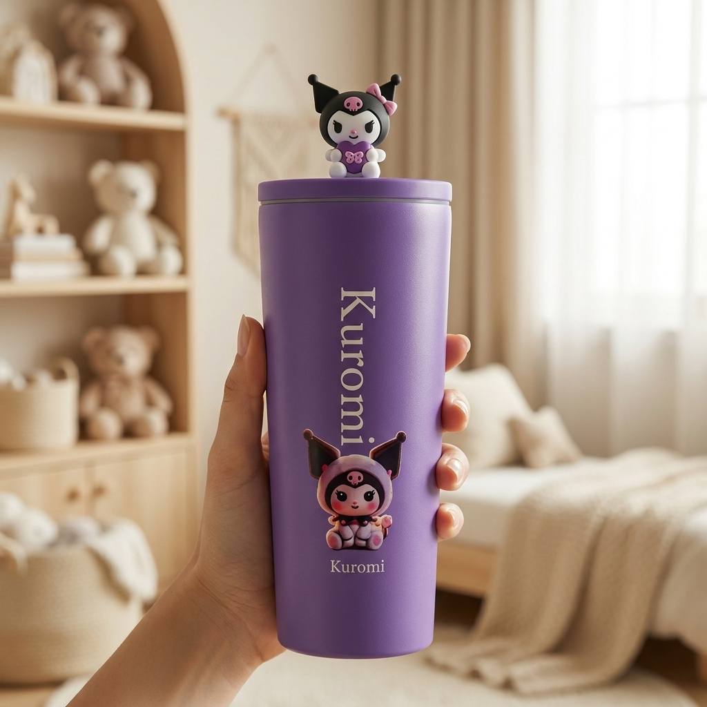 Hand-held view of the Lavender purple Kuromi character tumbler in a bedroom setting, showing its tall matte-look body and raised Kuromi lid figure.