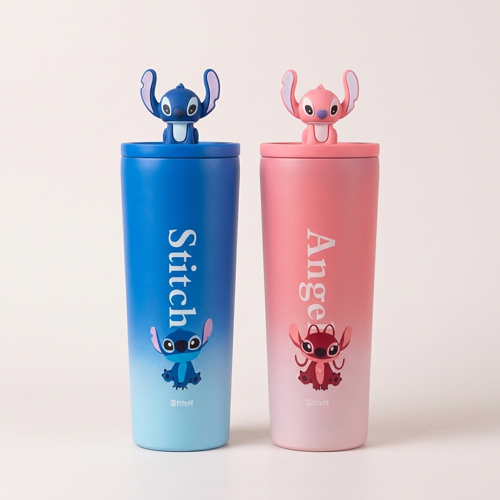 Blue and pink Stitch character tumblers displayed together, each with vertical name lettering, front character artwork and a raised figure on the lid.