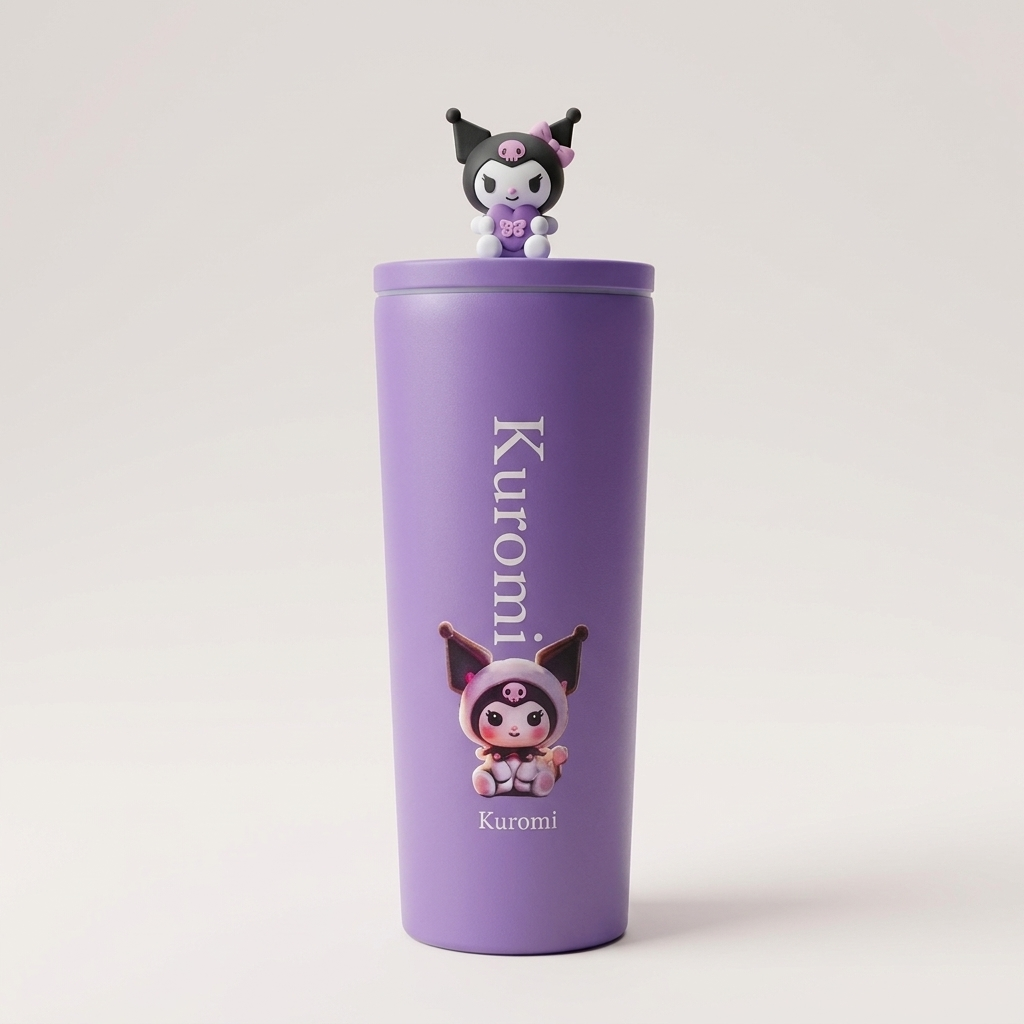 Lavender purple Kuromi character tumbler displayed upright on a plain background, with vertical Kuromi lettering, front artwork and a raised 3D figure on the lid.