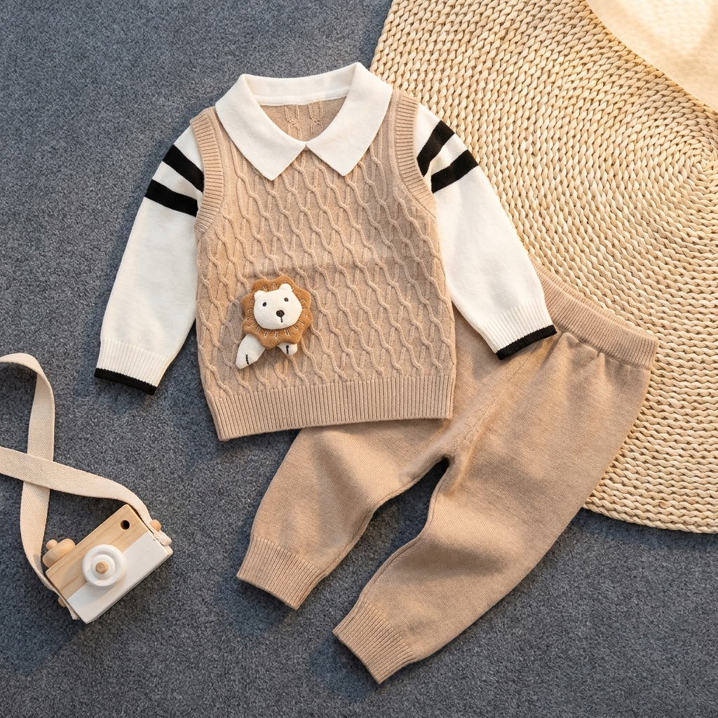Beige boys lion cable knit shirt and trouser set laid flat, showing the white collar, black striped sleeves and raised lion applique.