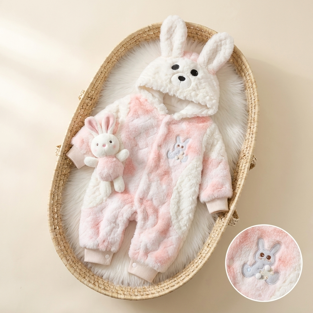 Pink and white plush newborn hooded romper displayed in a wicker basket, featuring long bunny ears, an animal-face hood and bunny chest applique.