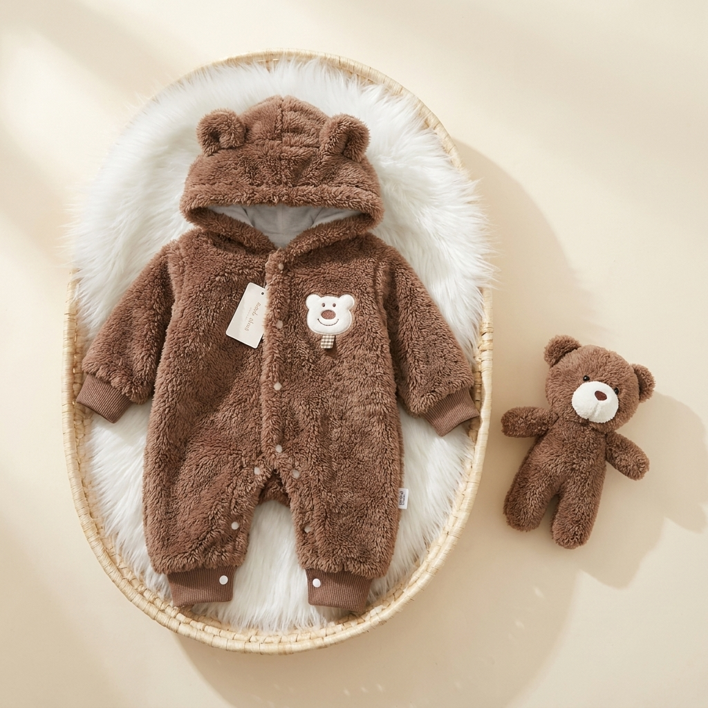 Brown fluffy newborn bear hooded romper displayed flat in a wicker bassinet, featuring raised hood ears, bear chest patch and ribbed cuffs.