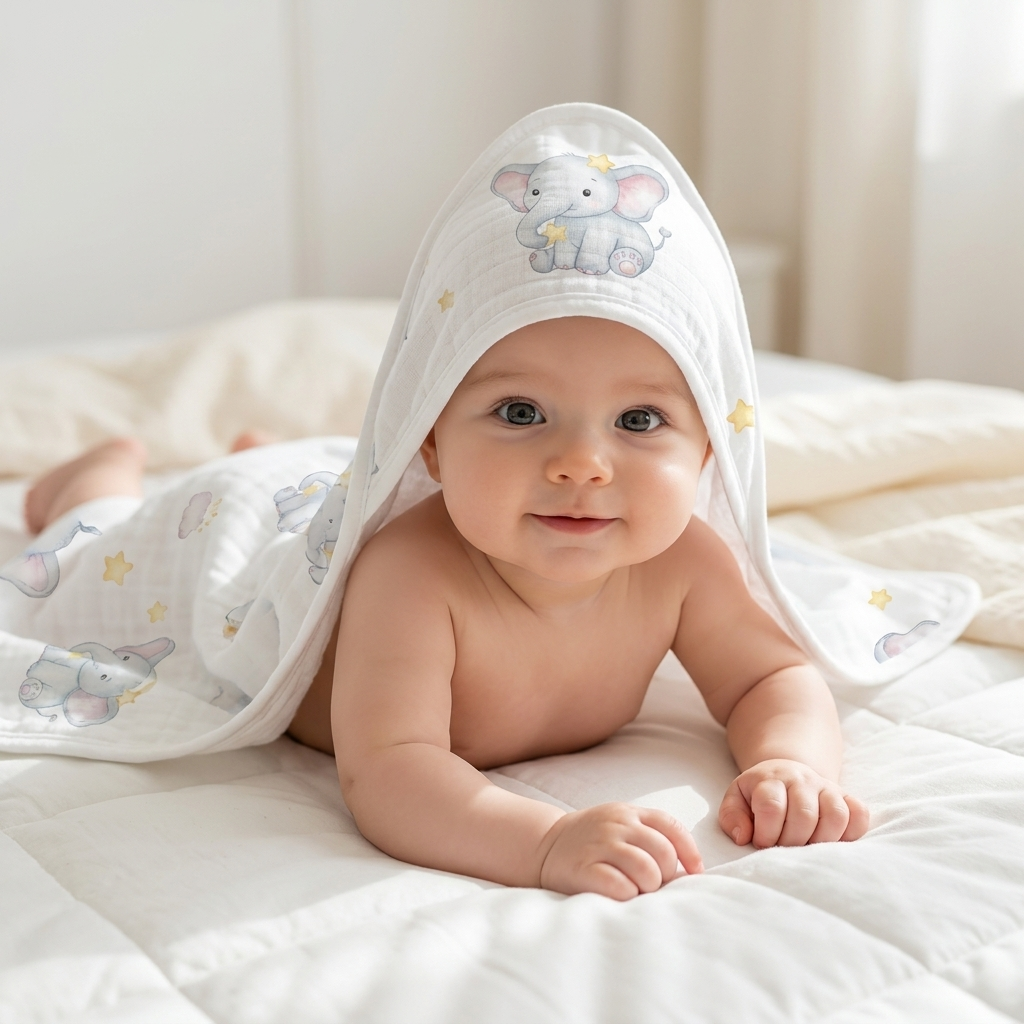 Smiling baby on a bed under a white quilted elephant and star print newborn wrap shawl, with the hood raised above the head.