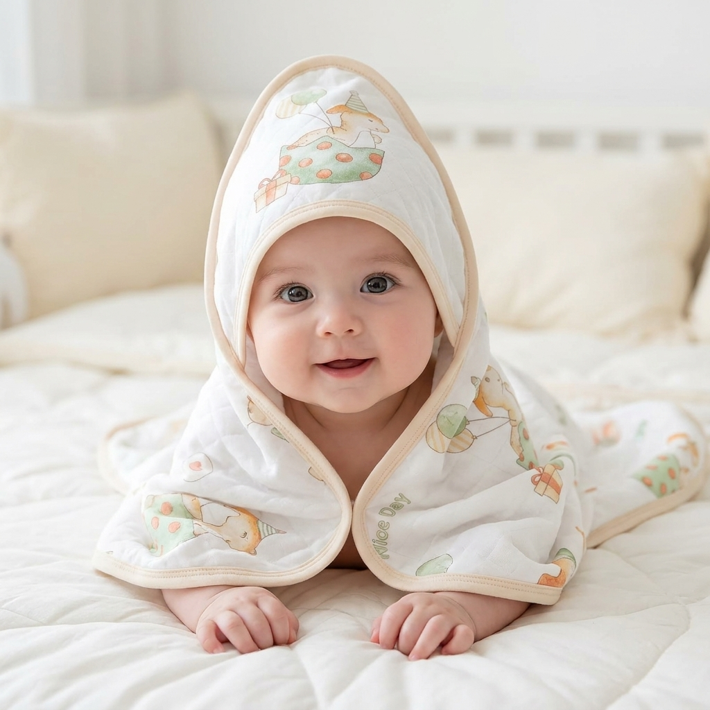 Smiling baby lying on a bed under a white quilted dinosaur print wrap shawl, styled open with the beige-trimmed hood raised over the head.