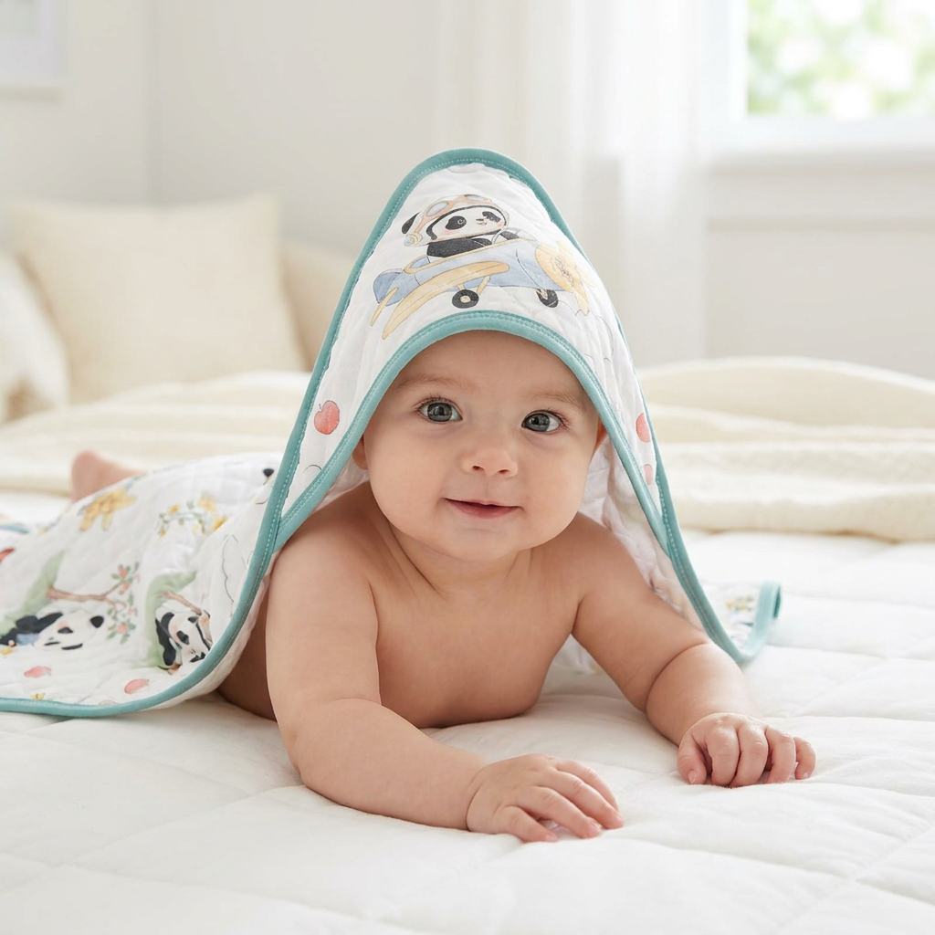 Smiling baby on a bed beneath a white panda print quilted shawl with teal green edge binding, shown open with the hood draped overhead.