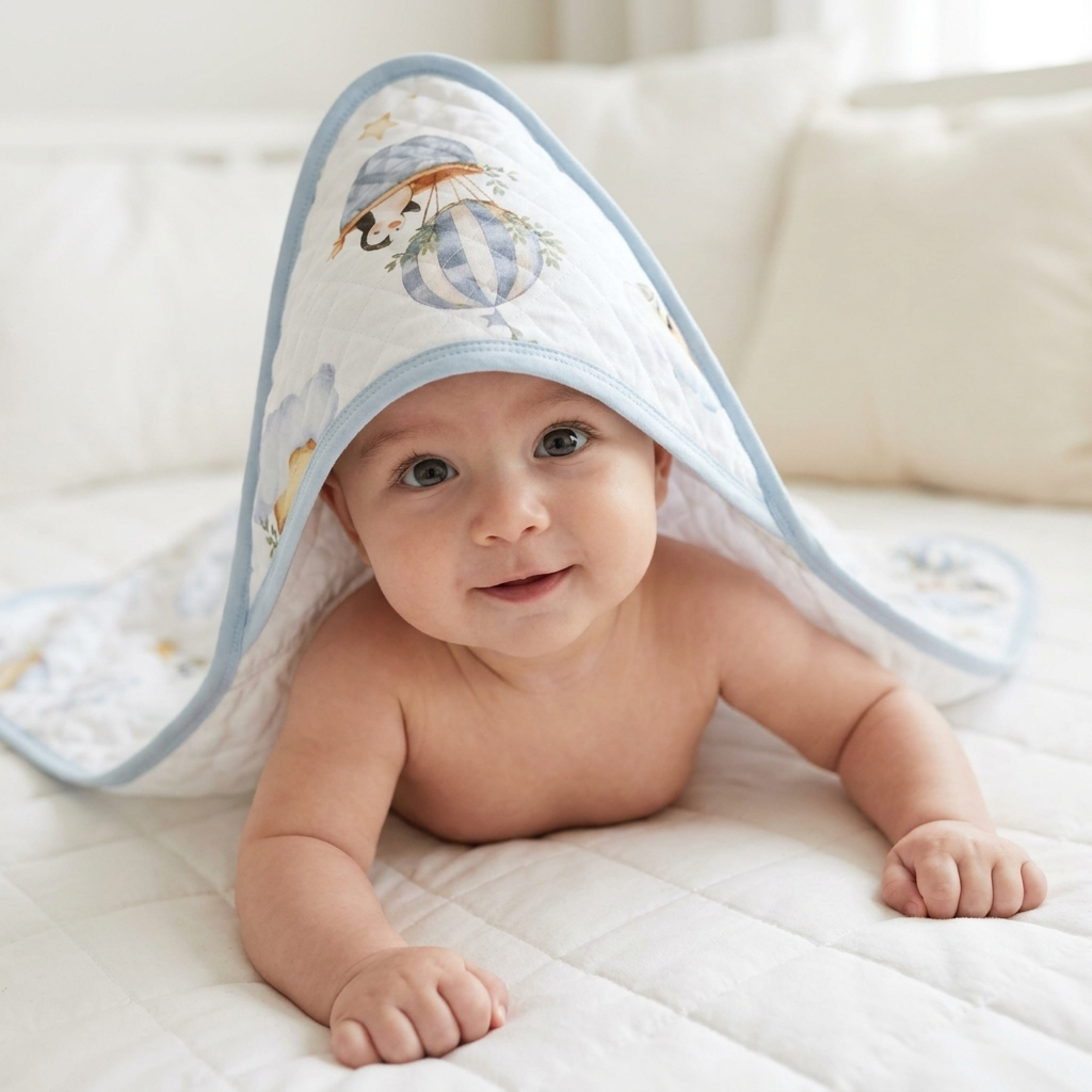 Smiling baby beneath a white quilted hot-air-balloon print shawl with pale blue binding, displayed open as a hooded baby wrap.