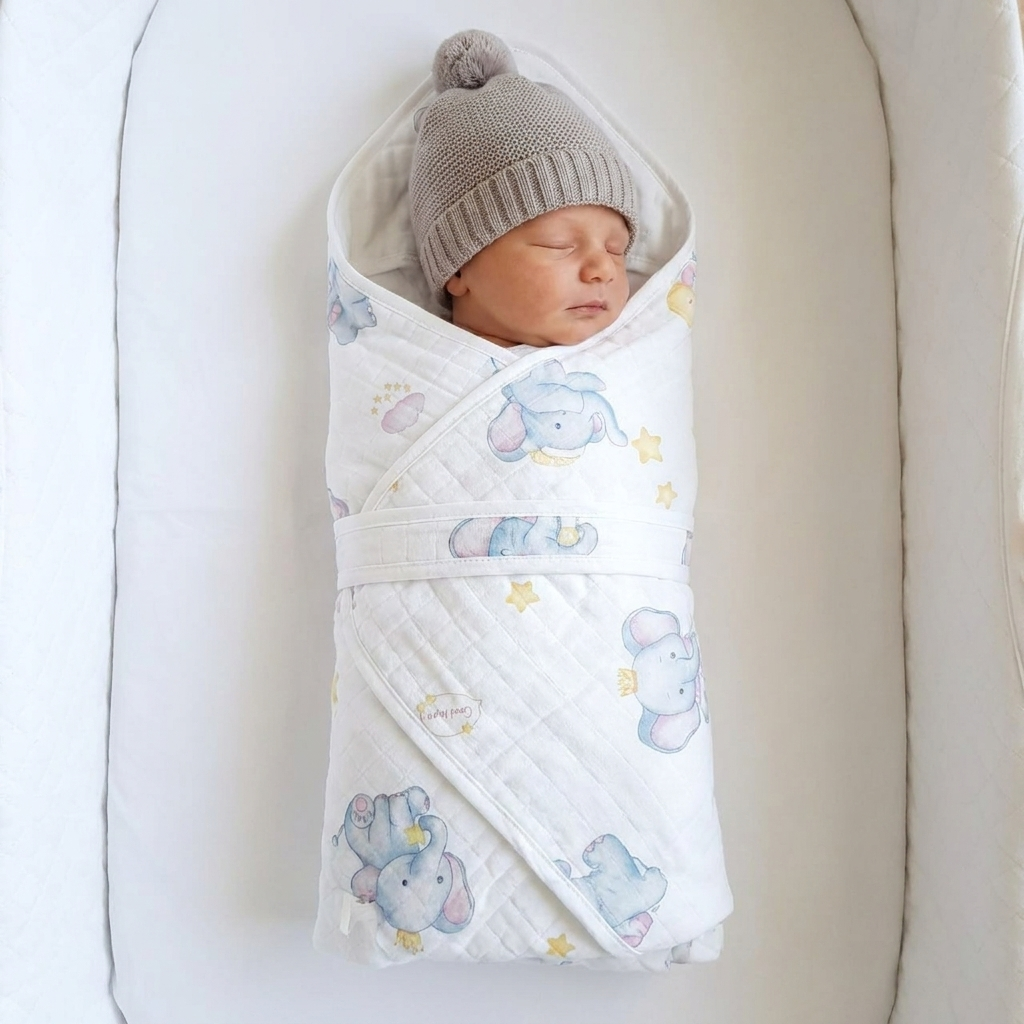 Sleeping newborn shown wrapped in a white quilted waist wrap shawl with pastel elephant and yellow star print, hooded top and overlapping front waistband.