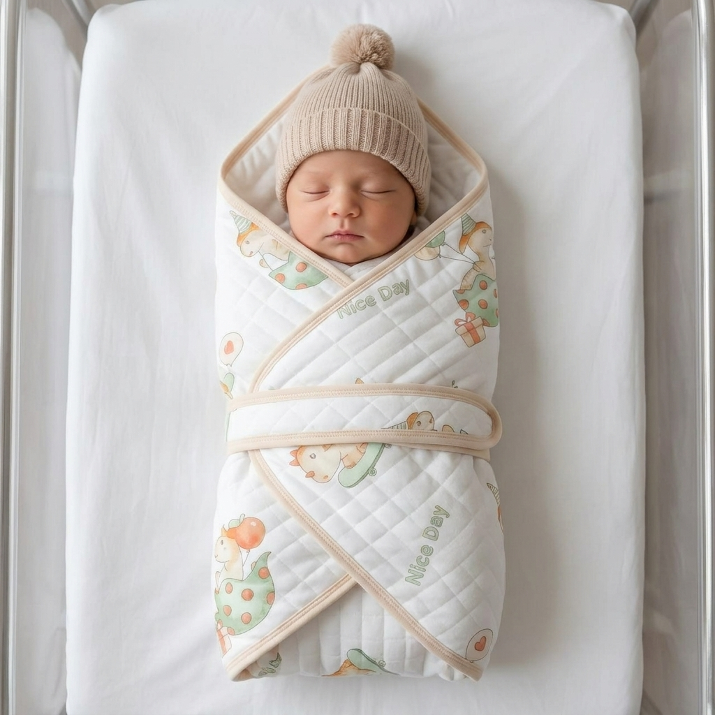 Sleeping newborn in a white quilted dinosaur print waist wrap shawl with beige edge binding, hooded shape and layered crossover wrap closure.