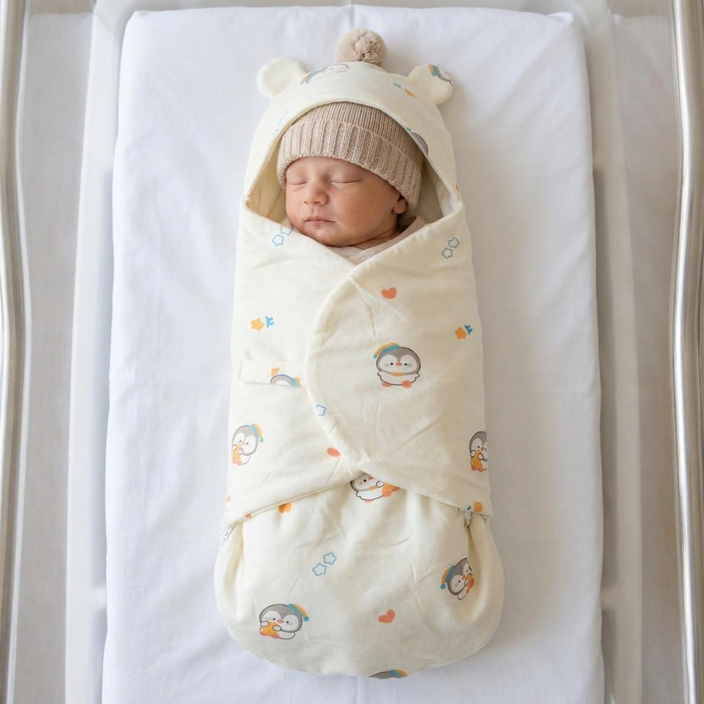 Newborn sleeping in a cot while wrapped in the Cream penguin-print hooded carry nest with overlapping front panels and rounded lower cover.