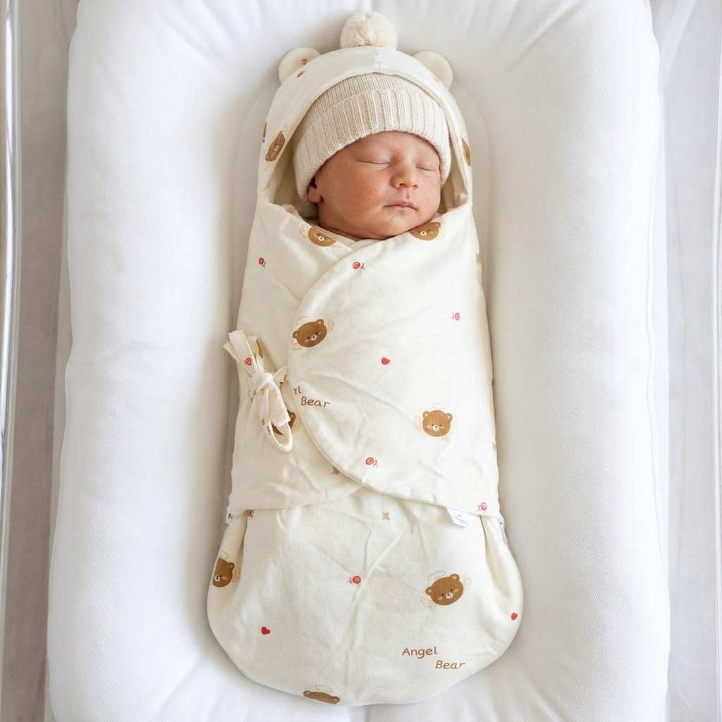 Newborn sleeping in a cot inside the Cream Brown bear-print carry nest, showing the ear hood, crossed wrap closure and side tie detail.