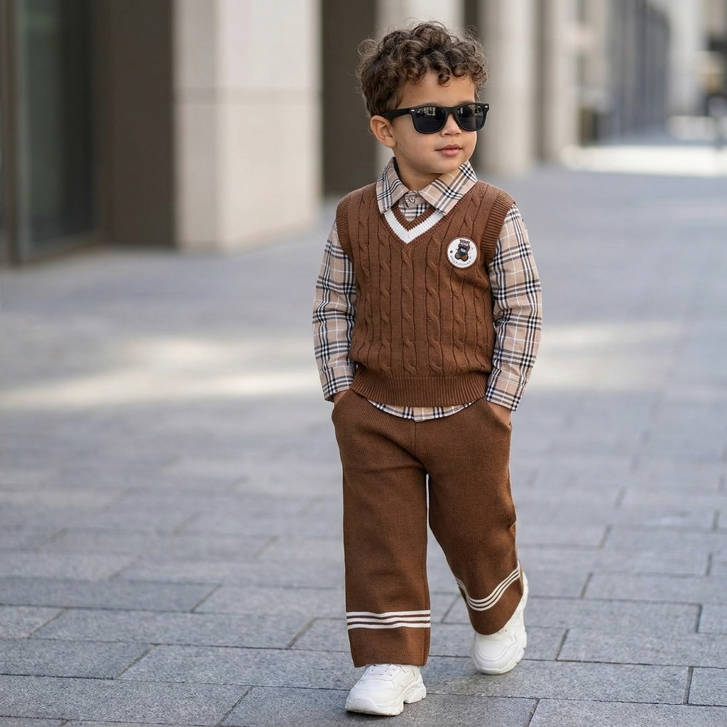 Boy modelling the Brown cable-knit-look V-neck sweater vest and matching Brown striped-hem trousers, layered over a checked shirt outdoors.