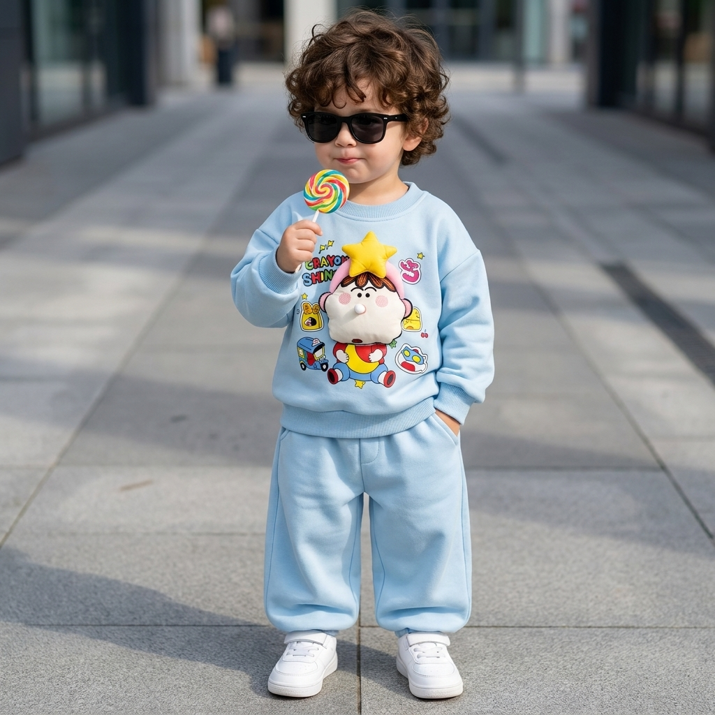 Little boy modelling the light Blue cartoon star sweatshirt and matching trouser set outdoors, featuring colourful raised front character artwork.