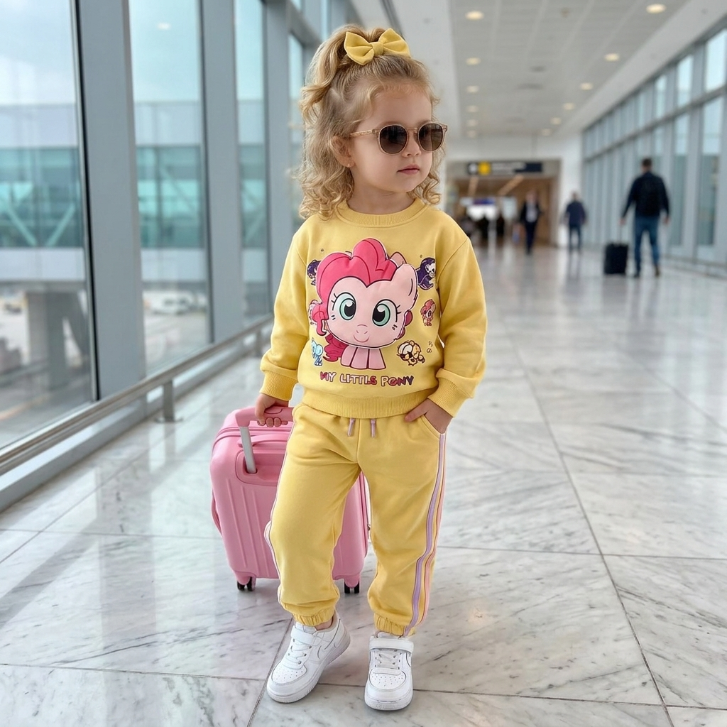 Girl wearing the Yellow pony print sweatshirt and matching Yellow cuffed jogger trouser set with Pink side stripes, styled with a Pink suitcase.