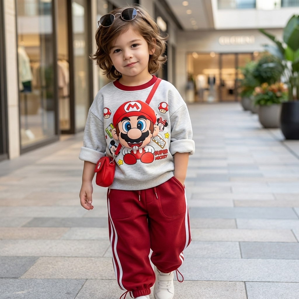 Child model wearing the Grey Mario character-print sweatshirt with Maroon drawstring joggers featuring white double side stripes, styled outdoors.