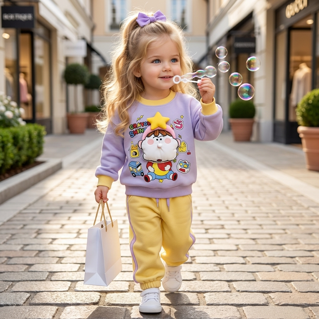 Little girl modelling the Lavender Purple cartoon sweatshirt with Yellow striped trousers, raised star front detail and Purple side stripes.