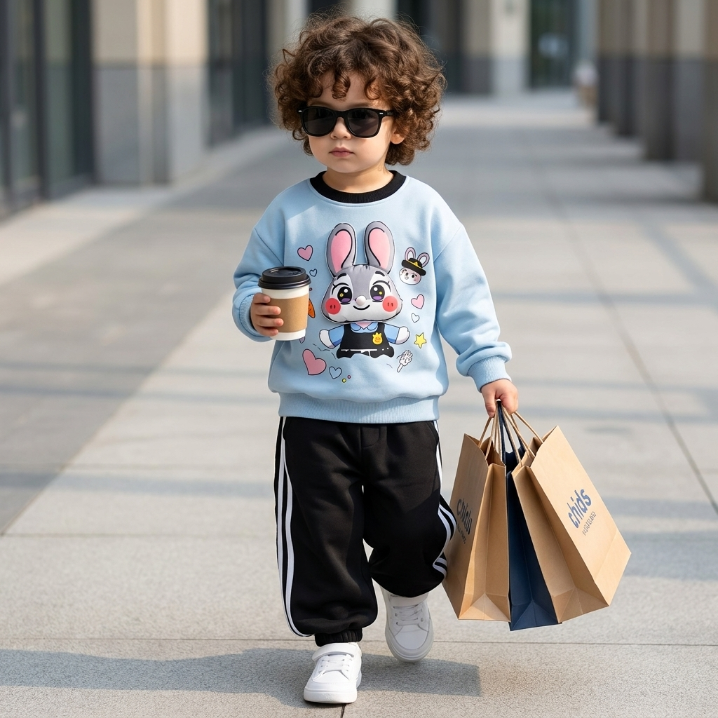 Child modelling the blue bunny print sweatshirt and black striped-side trouser set outdoors, showing the colourful front bunny graphic and cuffed jogger-style trousers.