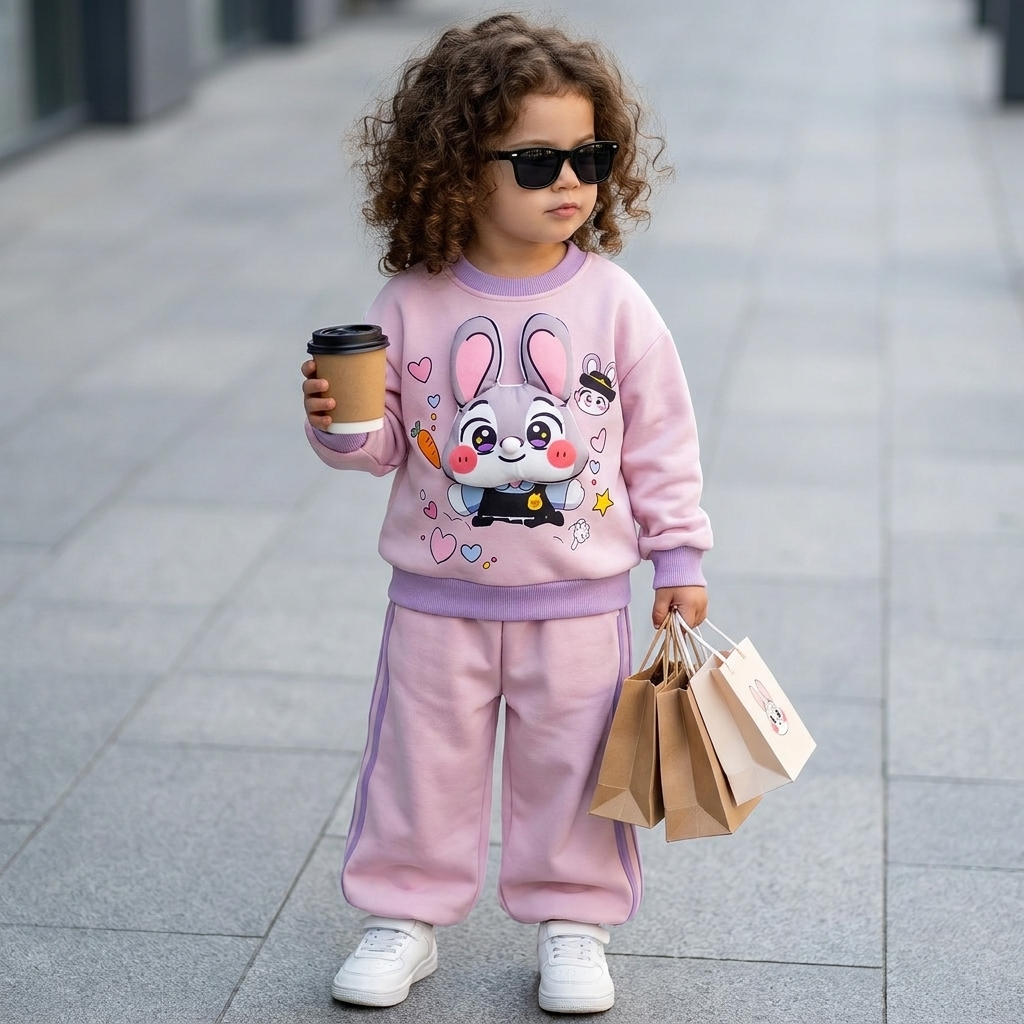 Child modelling the purple bunny print sweatshirt and matching purple side-stripe trousers outdoors, with heart and carrot details visible on the front graphic.