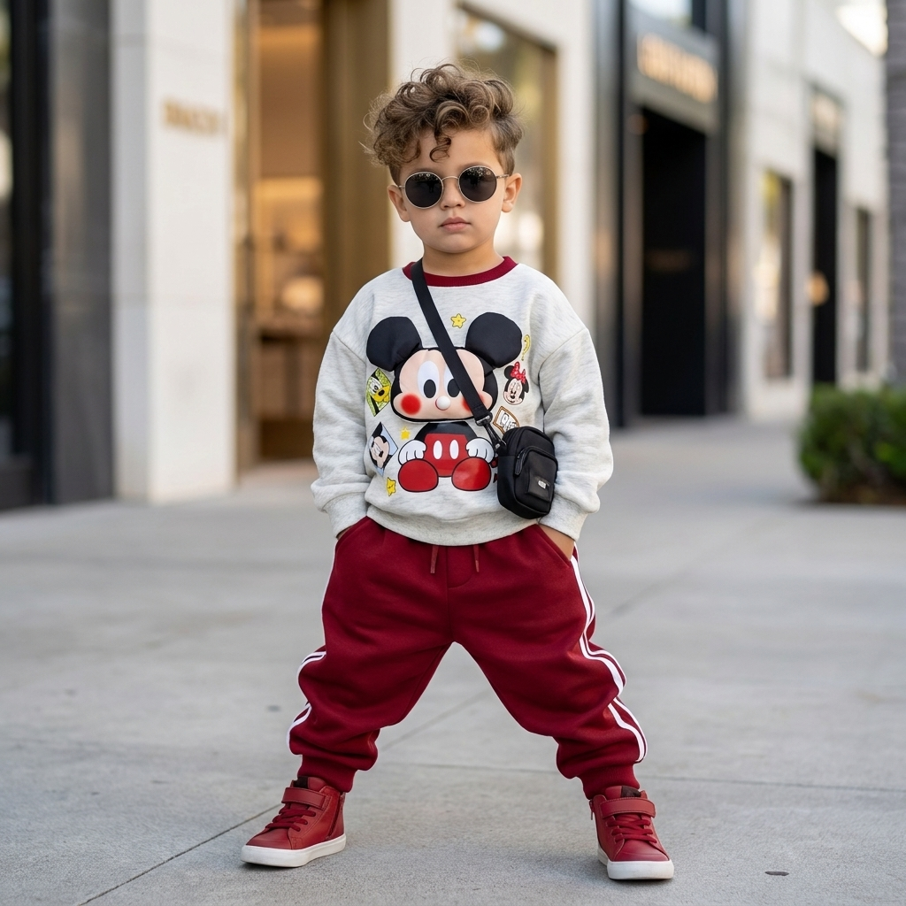 Child model wearing the Grey Mickey character-print sweatshirt with Maroon striped cuffed jogger trousers, shown in an outdoor street-style pose.
