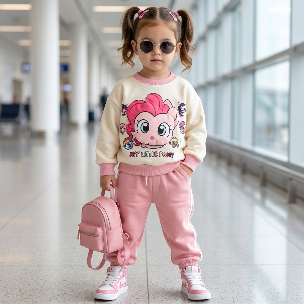 Girl wearing the Cream and Pink pony print sweatshirt with Pink cuffed jogger trousers featuring White double side stripes.