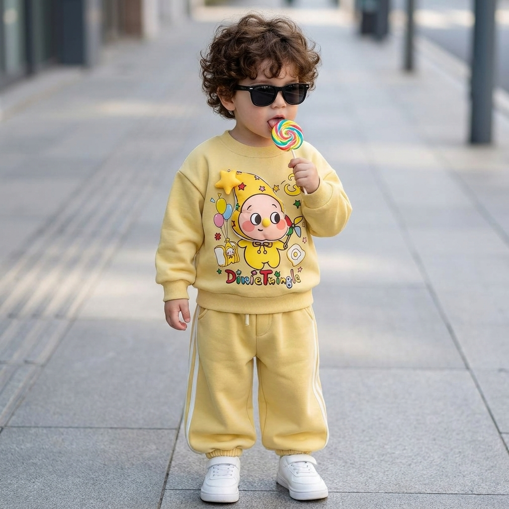Toddler wearing the Yellow character-print sweatshirt and matching striped jogger trouser set, with colourful baby character artwork on the front.