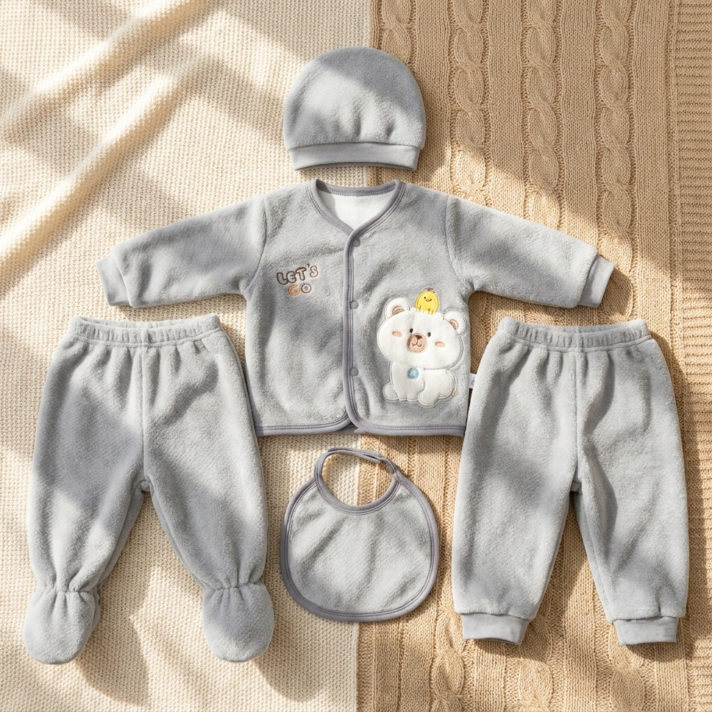 Grey newborn bear starter set laid flat with a front-open top, cap, bib, footed trouser and cuffed regular trouser on a knitted blanket.