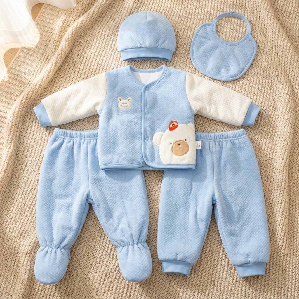 Light blue bear starter set flat lay showing the white-sleeve snap-front top, matching cap and bib, footed trouser and regular trouser.