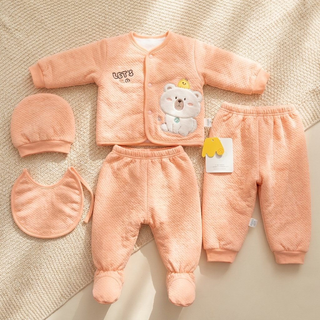 Peach newborn 5-piece bear starter set laid flat, including the textured snap-front top, cap, bib, footed trouser and cuffed trouser.