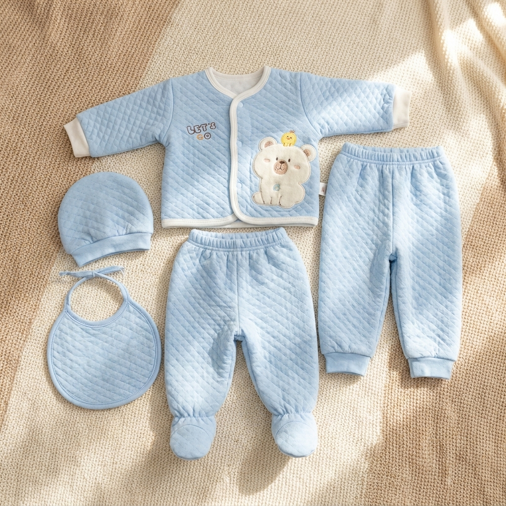 Light blue quilted newborn starter set flat lay with bear applique jacket, cap, bib, footed trouser and elastic-waist regular trouser.