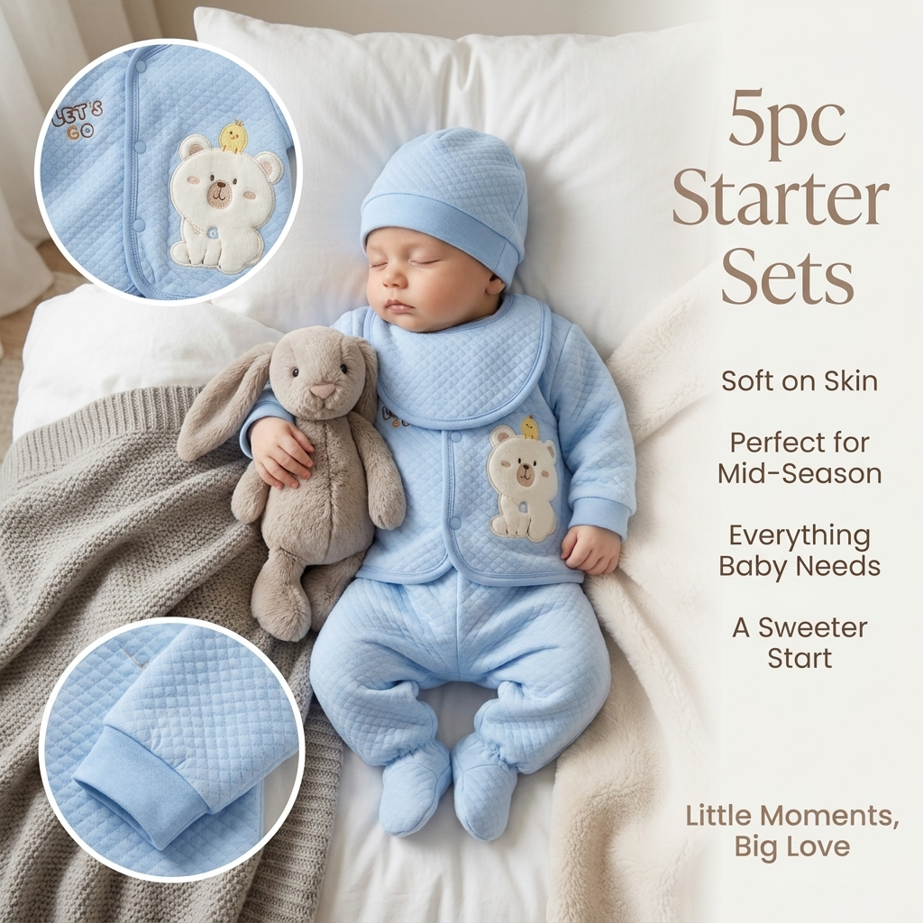 Blue newborn bear starter set worn by a sleeping baby, highlighting the textured front-open top, matching bib, cap and covered feet.