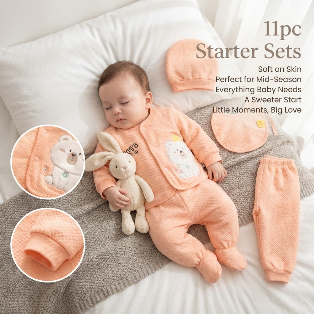 Peach textured newborn starter set worn by a sleeping baby, with bear applique snap-front top, cap, bib and footed trouser visible.