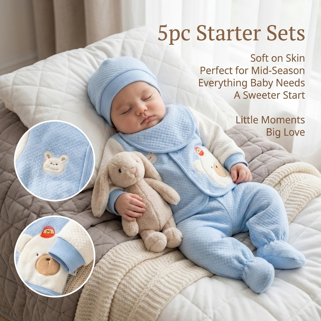 Light blue newborn 5-piece textured starter set worn by a sleeping baby, featuring a bear applique top, bib, cap and footed trouser.
