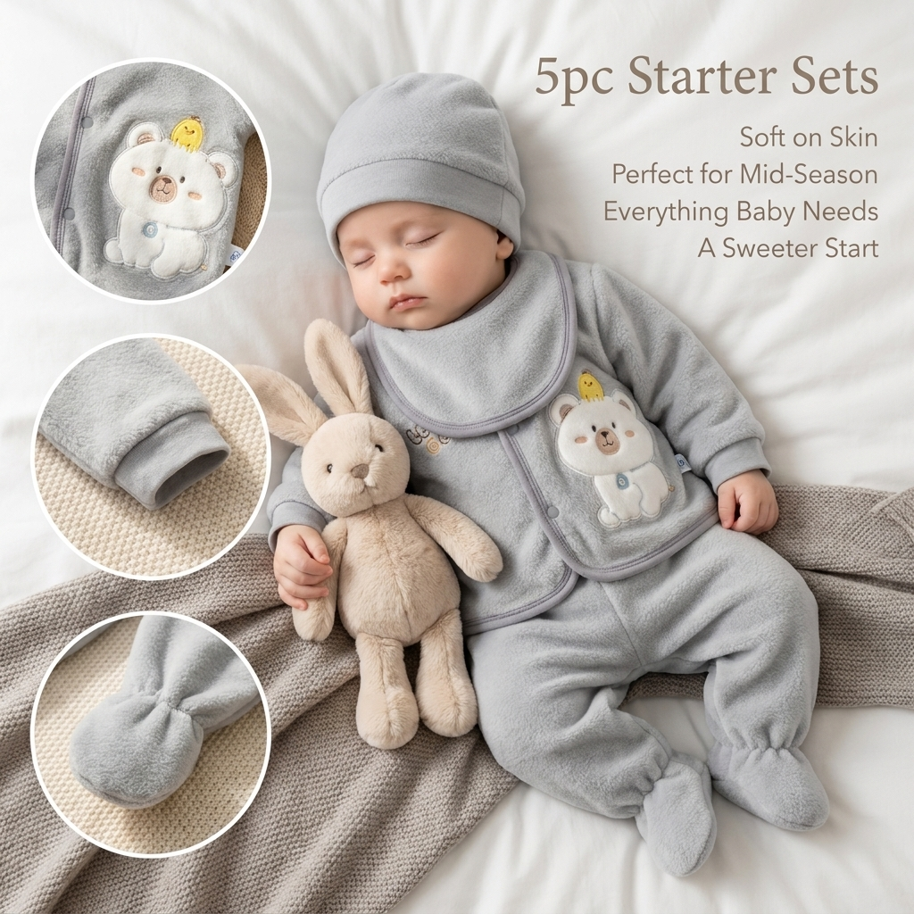 Grey newborn 5-piece bear starter set worn by a sleeping baby, showing the snap-front top, bib, cap, footed trouser and bear applique.