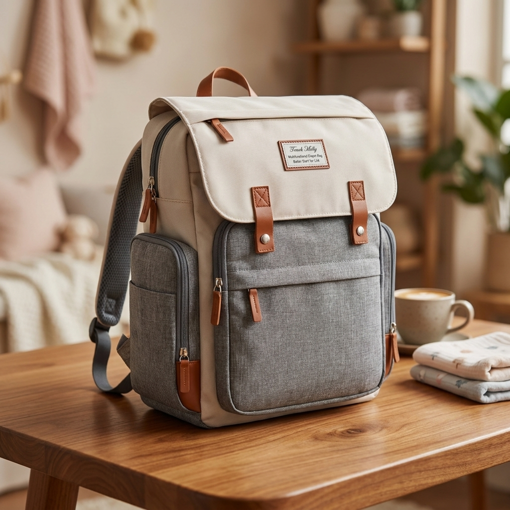 Grey and cream multi-pocket mommy backpack displayed on a wooden table, with brown flap straps, front compartment and side zip pockets visible.