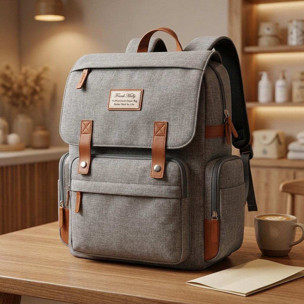 Structured grey mommy backpack in a nursery setting, featuring cream flap panels, brown contrast straps, top handle and padded shoulder straps.