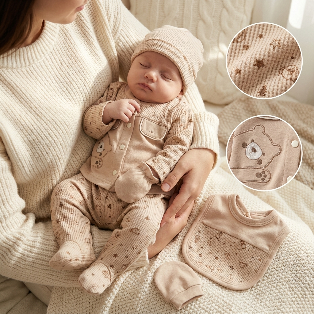 Newborn baby wearing the Brown bear waffle starter set with snap-front bear applique top and footed printed trouser, held in an adult’s arms with matching bib beside.