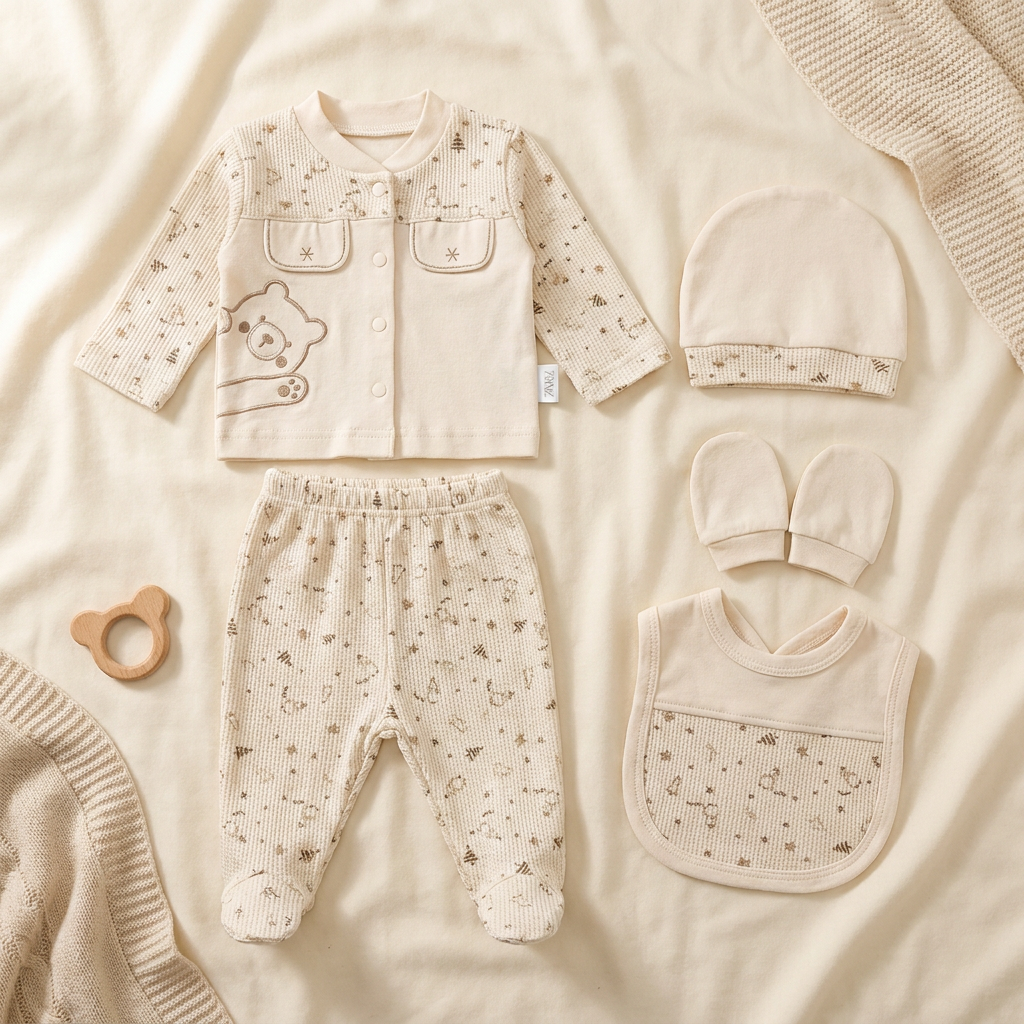 Cream newborn bear waffle 5-piece starter set displayed flat with bear applique cardigan-style top, printed footed trouser, cap, mittens and bib.