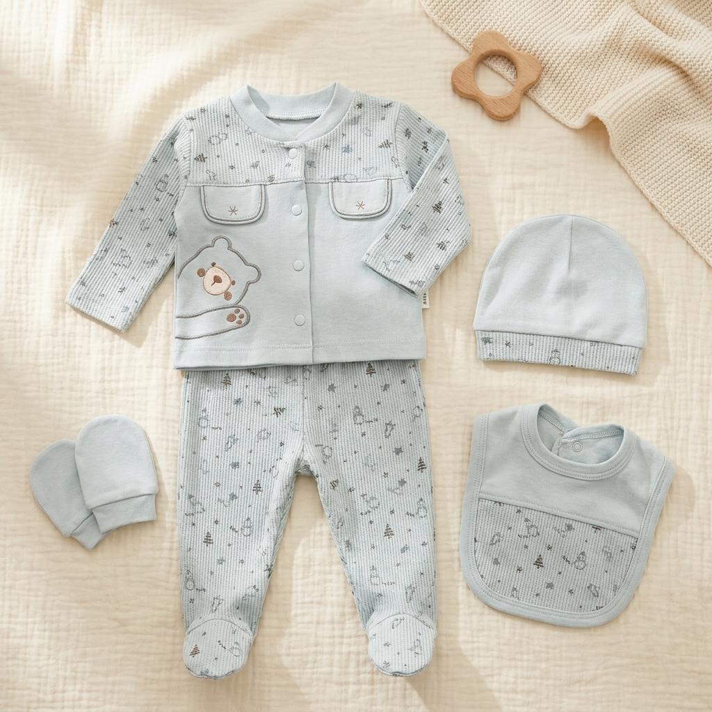 Mint Green newborn 5-piece bear starter set laid flat, showing the snap-front top, footed printed trouser, cap, mittens and rounded bib.