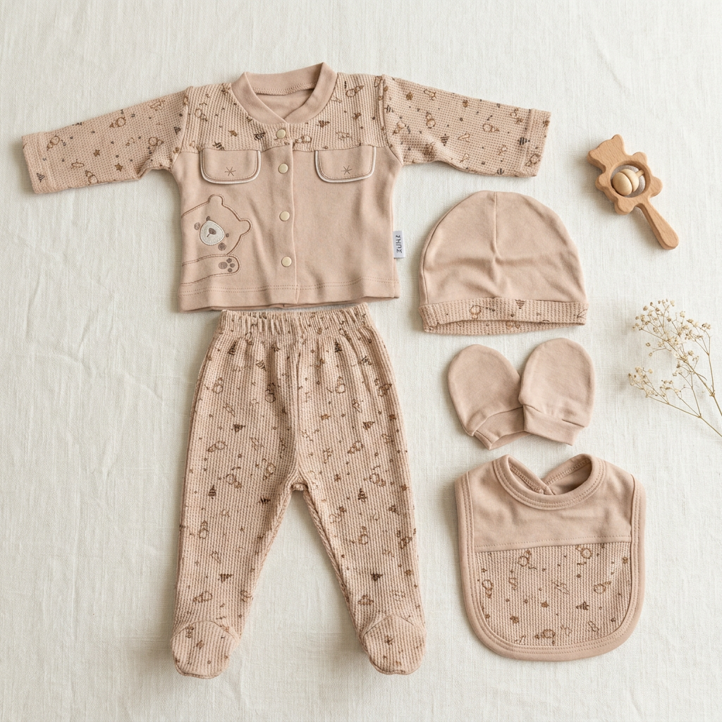 Brown newborn bear waffle 5-piece starter set flat lay featuring a button-front bear applique top, printed footed trousers and matching accessories.