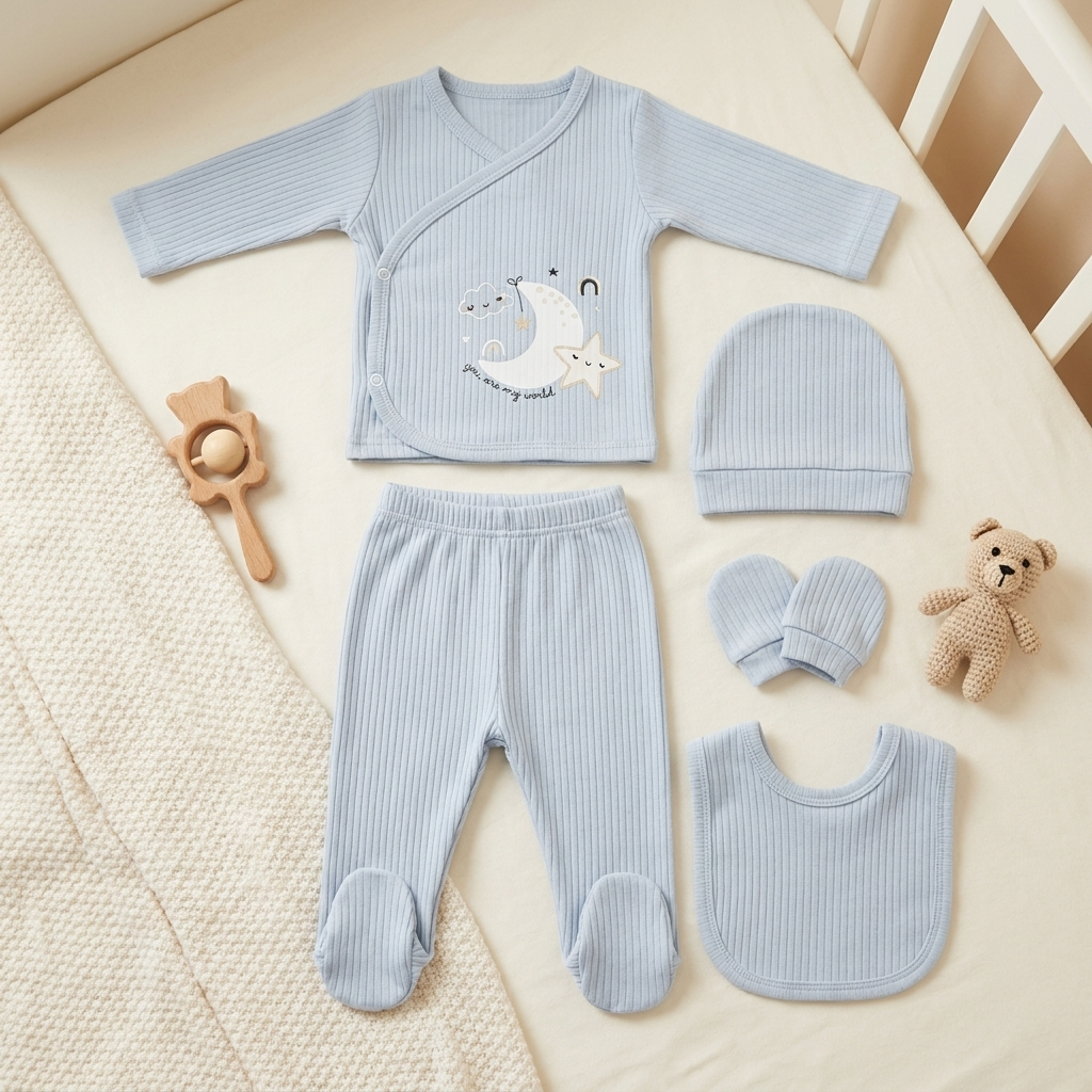 Blue newborn moon and star ribbed 5-piece starter set laid flat on a cot, including wrap-front top, footed trouser, cap, mittens and rounded bib.