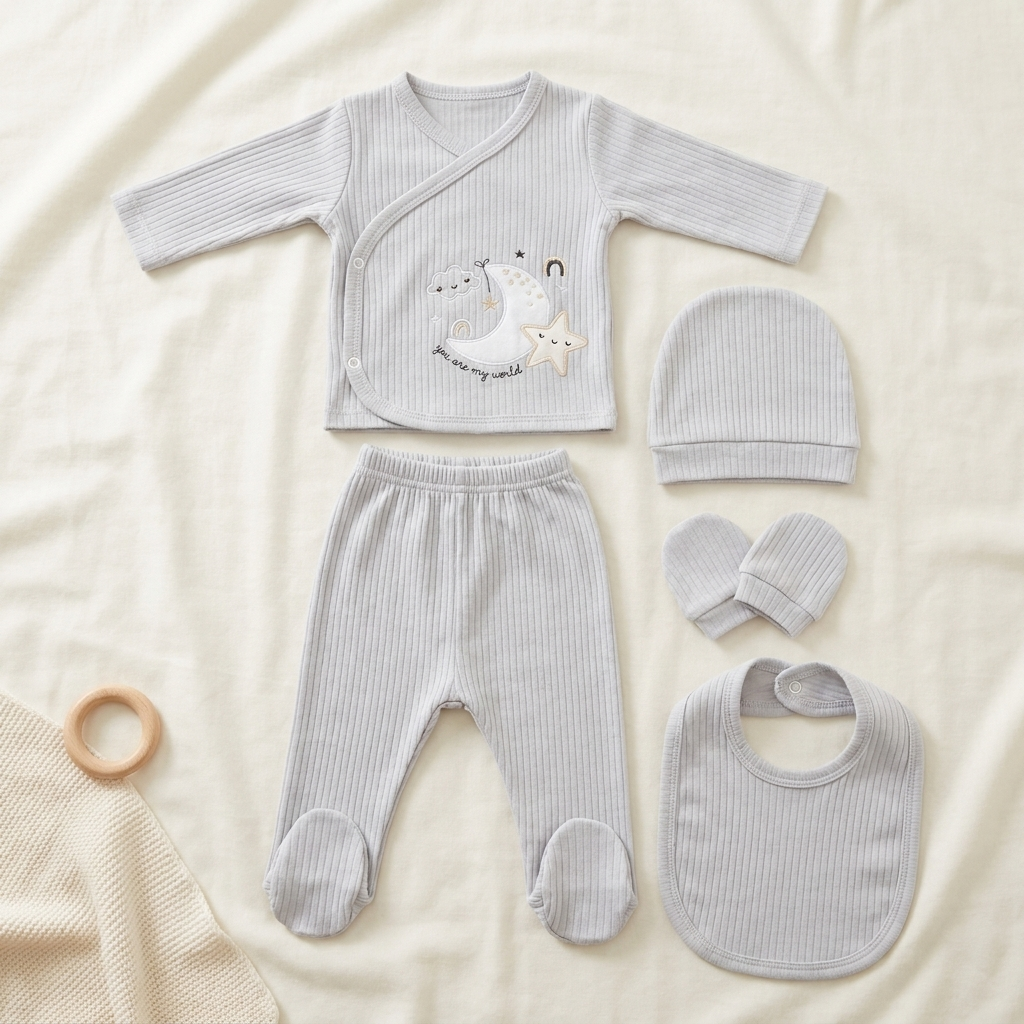 Grey newborn ribbed 5-piece starter set arranged on a cream blanket, featuring the side-snap wrap top with moon, rainbow and star front design.