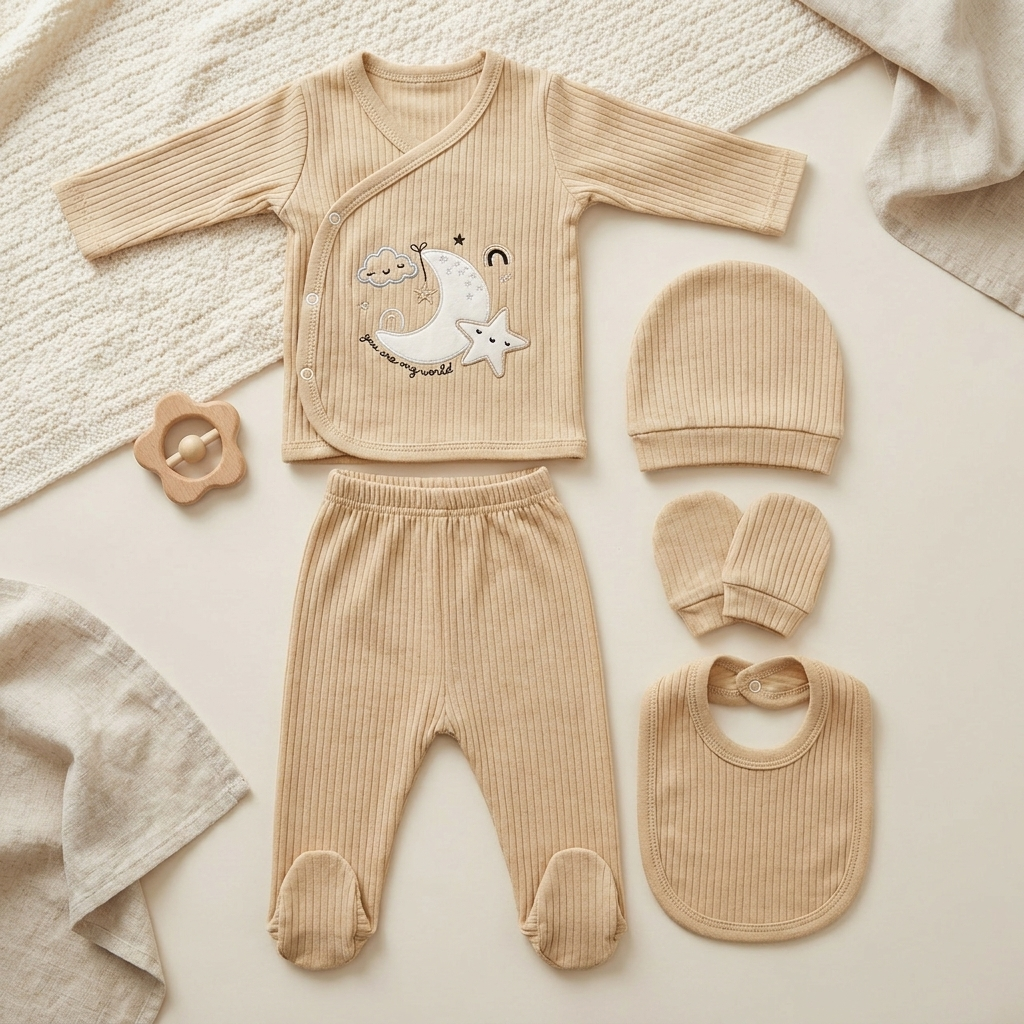 Beige newborn moon star ribbed 5-piece starter set flat lay with wrap-front top, footed trousers, matching cap, mittens and bib.