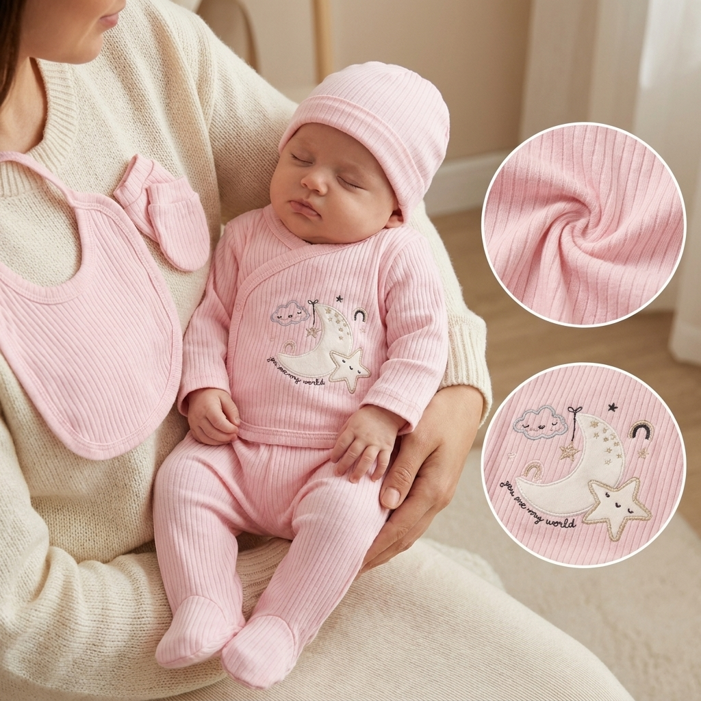 Pink newborn ribbed 5-piece starter set worn by a sleeping baby, showing the moon and star chest artwork, footed trousers and matching cap, with bib and mitten detail insets.
