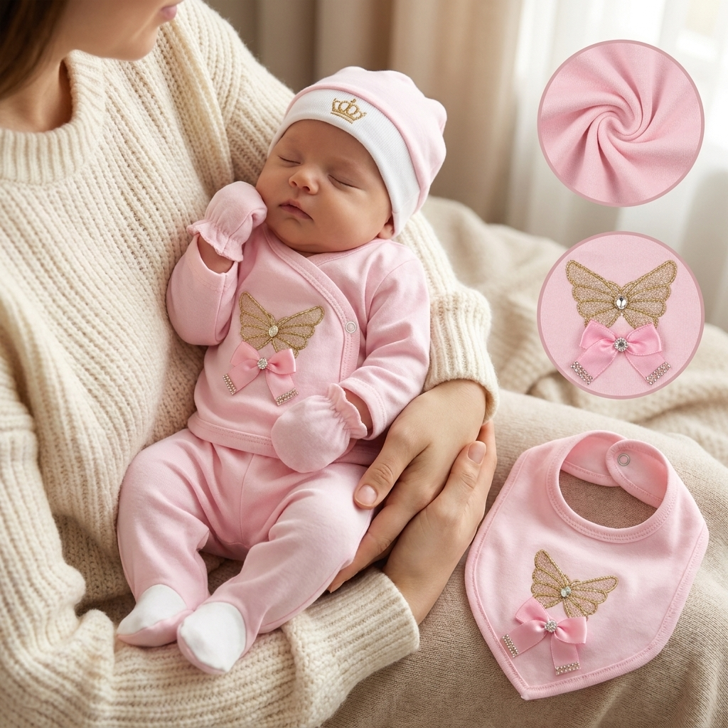 Newborn wearing a light Pink 5-piece butterfly bow starter set with zip-front top, footed trousers, crown cap and mittens, held in an adult’s arms; inset details show the smooth Pink finish, butterfly bow applique and matching bib.