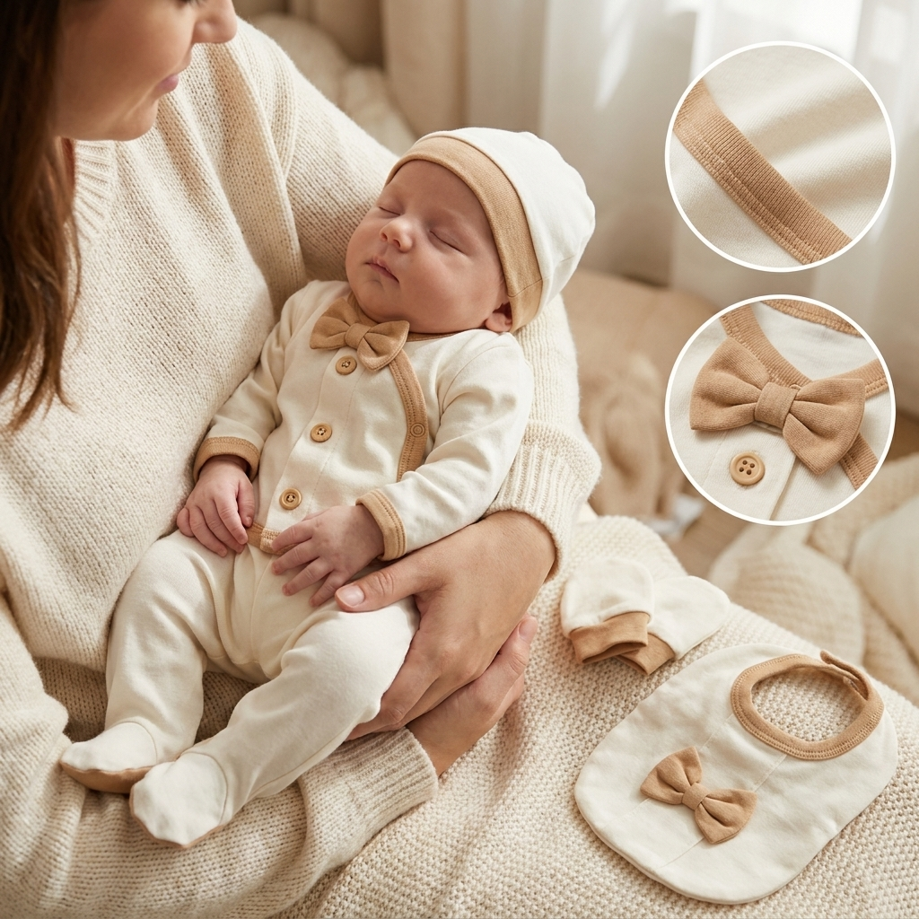 Lifestyle image of a baby wearing the cream bow-trim wrap top and footed trousers from the 5-piece starter set, with close-up circles showing the binding and chest bow.