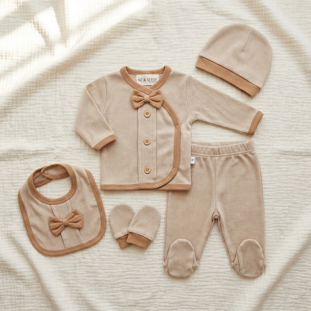 Brown and cream newborn 5-piece starter set laid on a textured cream blanket, showing the bow-trim wrap top, footed trouser, cap, bib and mittens.